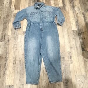 Eloquii Denim Boiler Suit Jumpsuit Light Wash‎ Blue Long Sleeve Plus Size 22